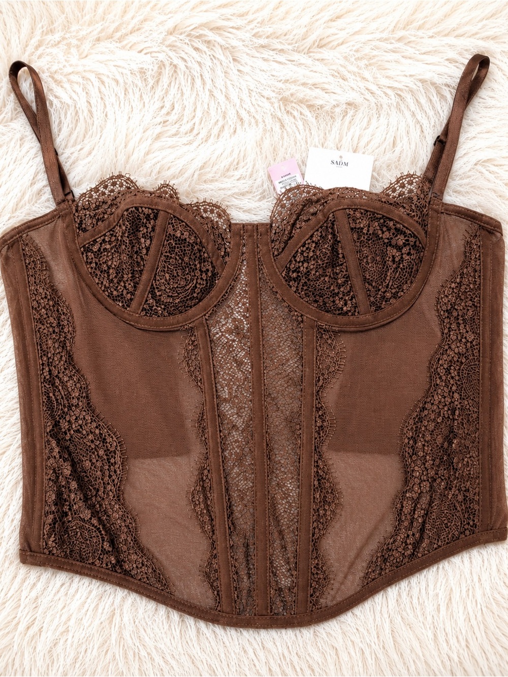 NWT MICAS Brown Sheer Floral Lace Corset Bustier Top Small